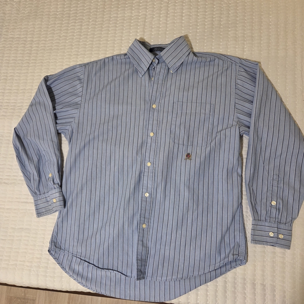 Tommy Hilfiger Mens Clasic Fit Blue Stripped Collared Shirt Medium